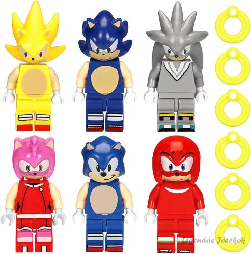 6 db-os Sonic a sündisznó mini figura szett gyűrűkkel
