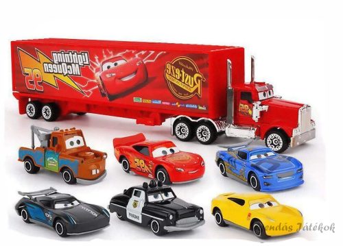 Verdák Cars jellegű - 7 db-os kamion és kisautó játék szett